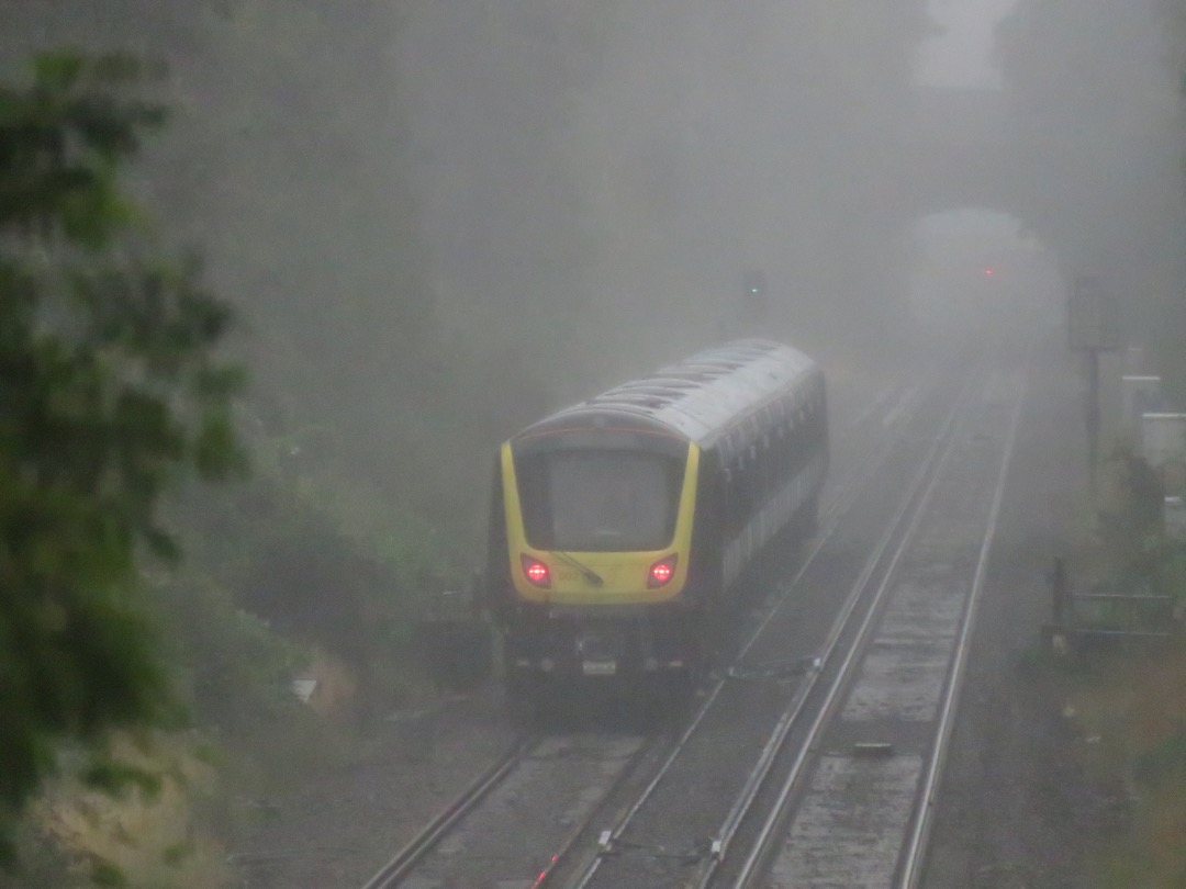 Andrew Brown on Train Siding: SWR's 701002 out on test in the rain, passing Winchester, on 5Q30 Eastleigh Works to London Waterloo. 09:32 19/8/20