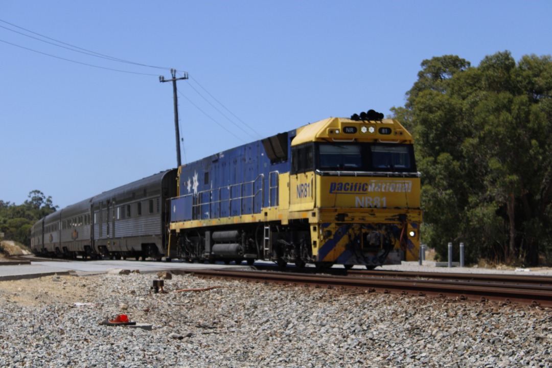 Gus Risbey on Train Siding: A rare sight to see! Pacific National's NR81 is leading JBRE's 'Indian Pacific' out of Perth, bound for Sydney.