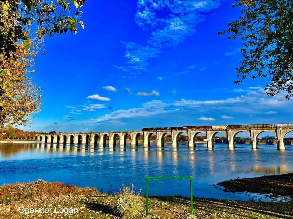 Logan Tracy on Train Siding: Northfolk Southern train waiting for the green light over the Susquehanna in Harrisburg, PA