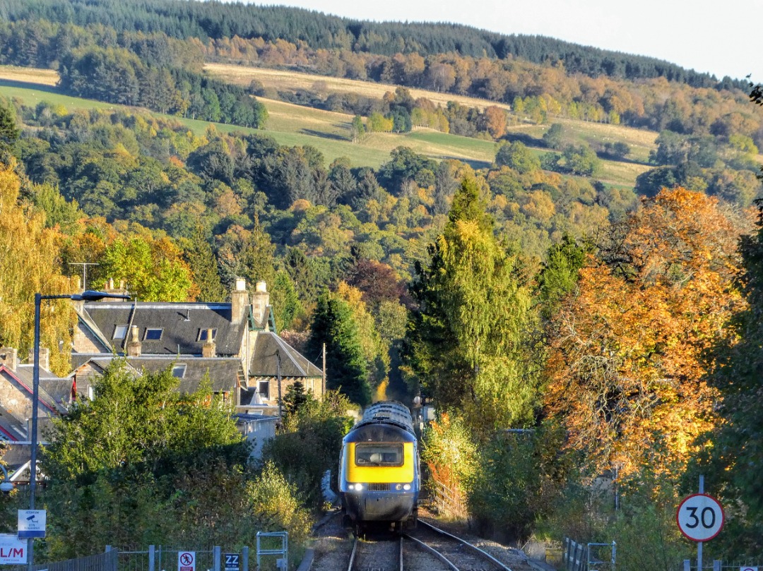 The Jamster on Train Siding: Scotrail 43164 leads its train into Pitlochry working 1H21 1507 Glasgow Queen Street to Inverness. 14/10/24