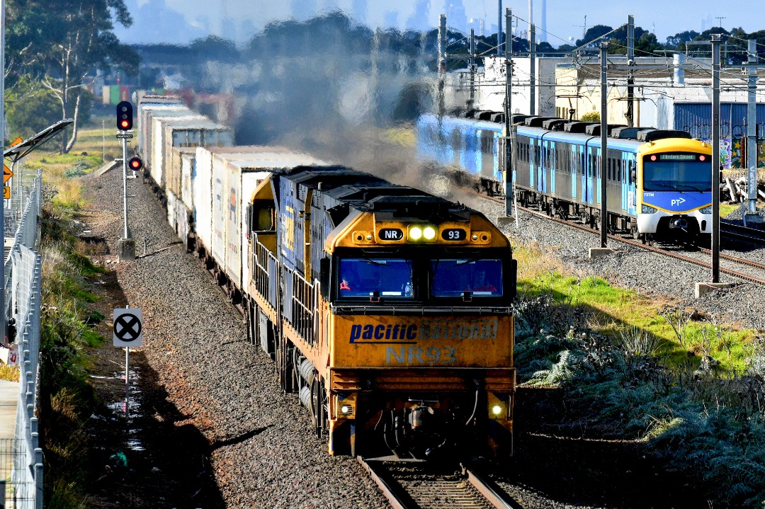 Shawn Stutsel on Train Siding: Pacific National's NR93 and NR76, with 6MP4, Intermodal Service, crosses a Melbourne Metro Trains Siemens set with a
Flinders Street...