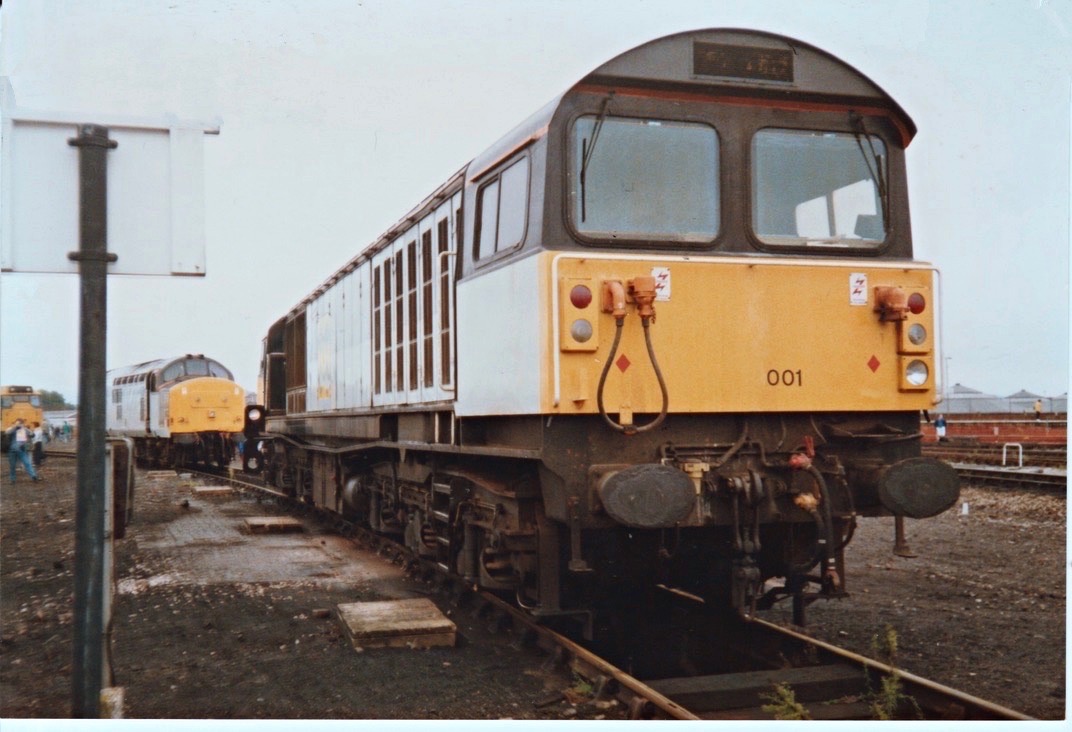 John Stemp on Train Siding: 58001 at Gloucester Horton Road Open Day Date 1989 note this loco was the first Green climate running machine note the key