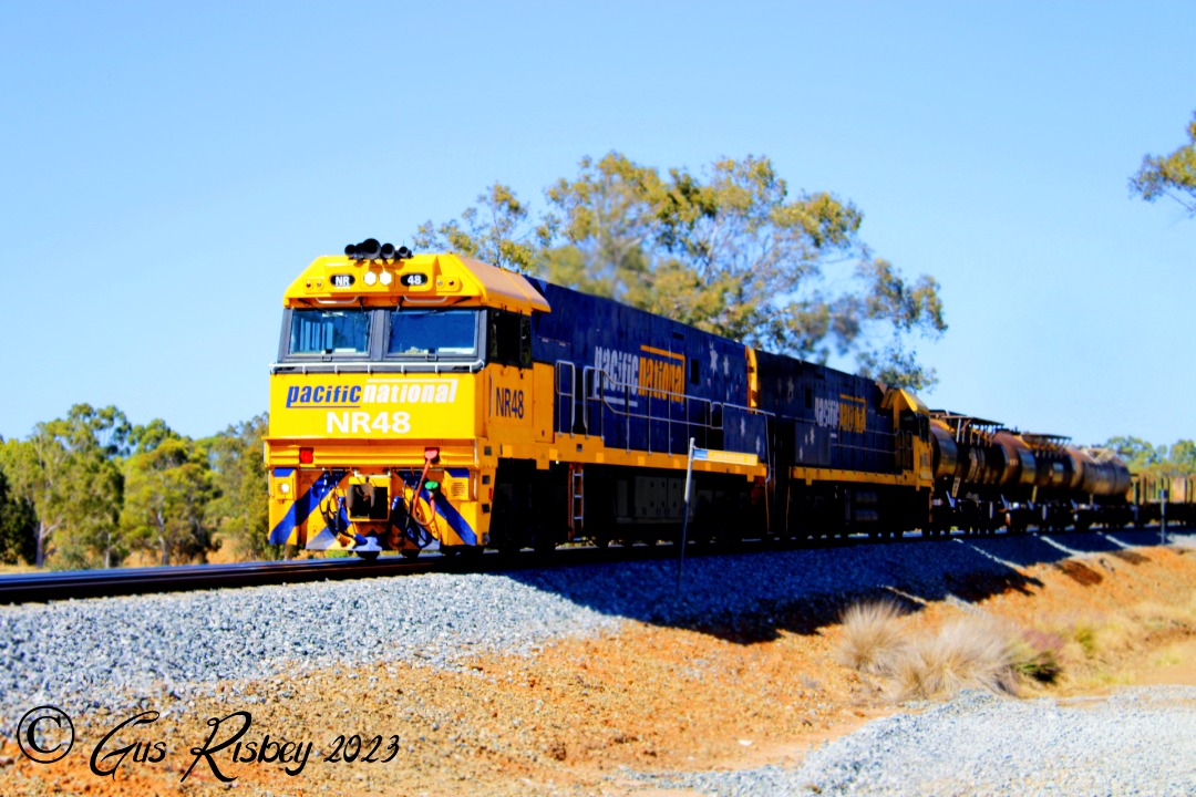 Gus Risbey on Train Siding: Pacifc National run their weekly 7PX4 empty steel train from Kewdale to Port Augusta. Locomotives NR48 and NR62 are being used for
the task.