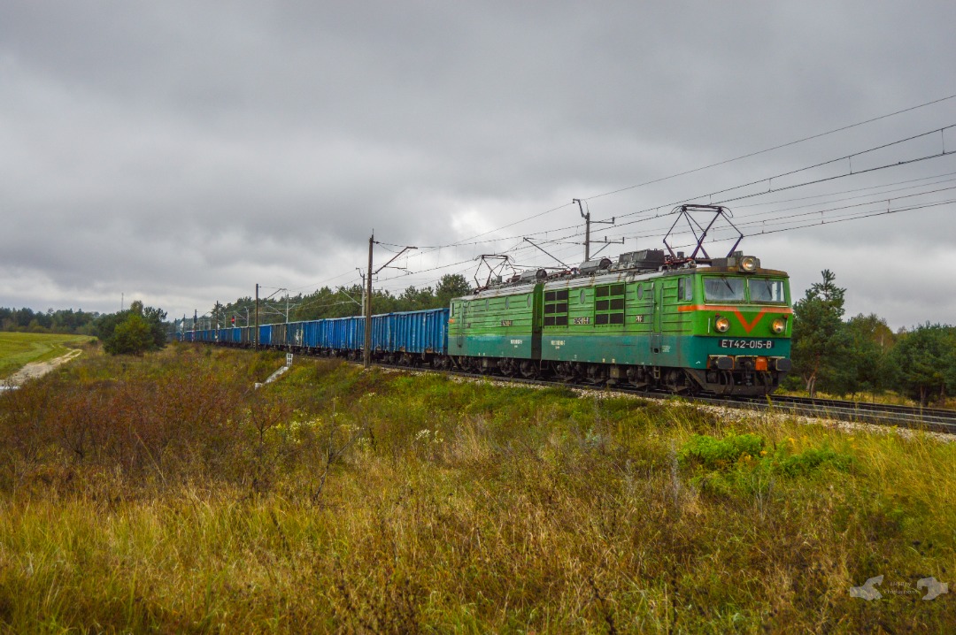 Adam L. on Train Siding: PKP Cargo ET42 Class electric, numbered 015 is seen leaving the small yard at Rykoszyn with the station's yard entrance signals
visible in the...