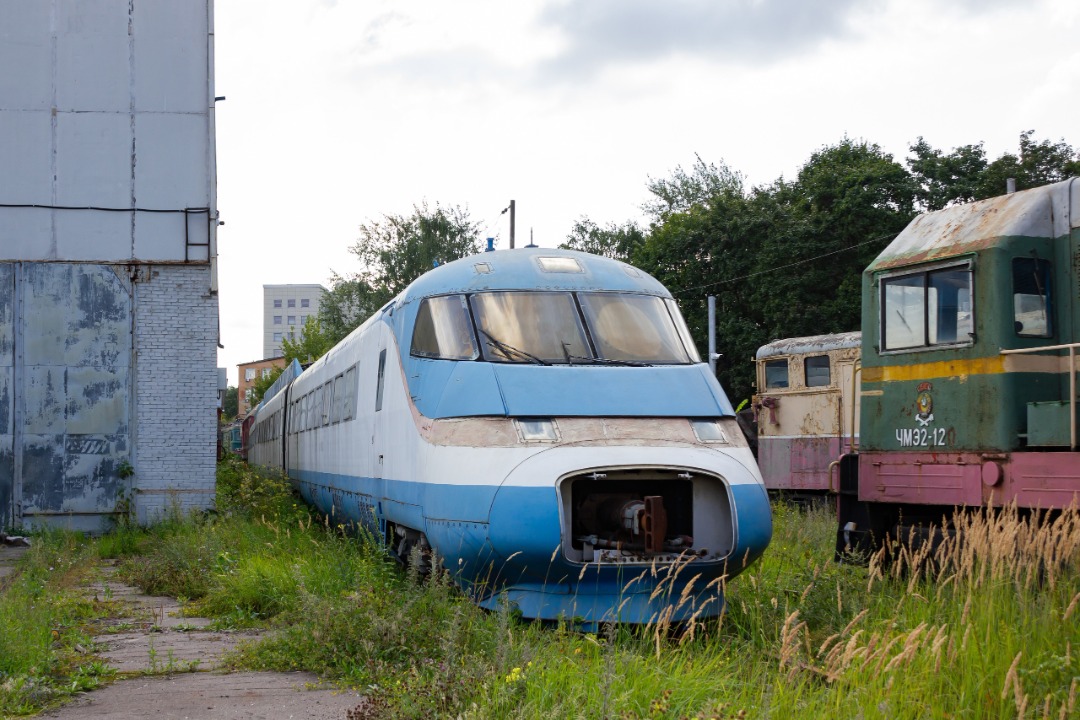 CHS200-011 on Train Siding: The high-speed electric train ES250-001 "Sokol" on the outskirts of the Likhobory site of the Moscow Railway Museum. This
is an experienced...