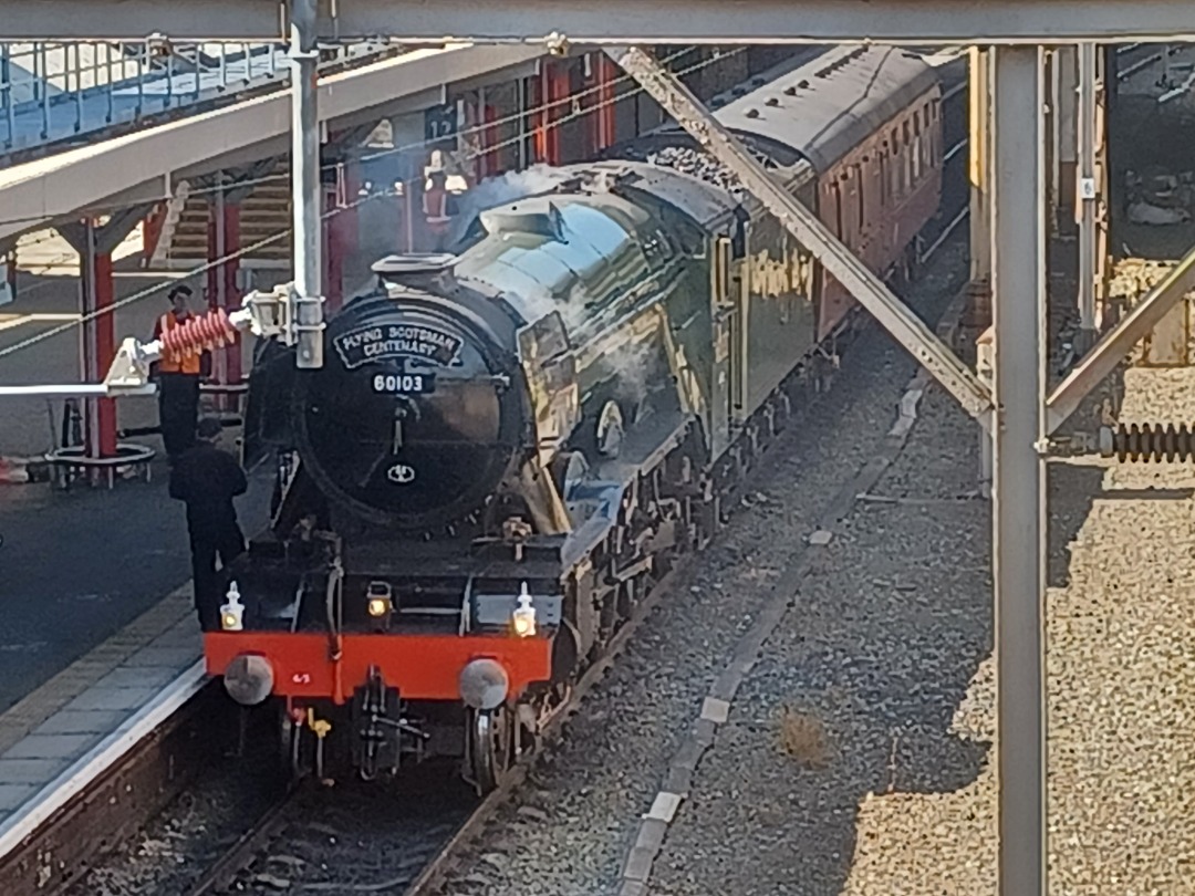 Trainnut on Train Siding: #photo #train #steam #station #60103 #flying scotsman #diesel DRS 66 in the baking sun too. Flying Scotsman from Carnforth to Southall
today