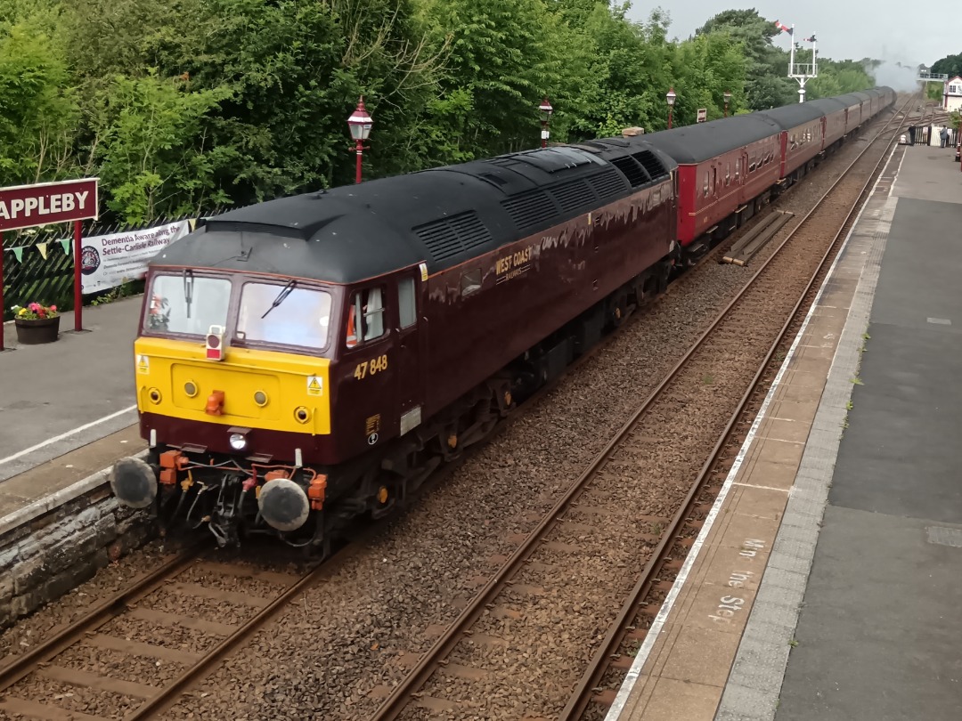 Whistlestopper on Train Siding: SR Battle of Britain class No. #34067 "Tangmere" and class 47/4 No. #47848 passing Appleby this morning working the
outbound leg of...