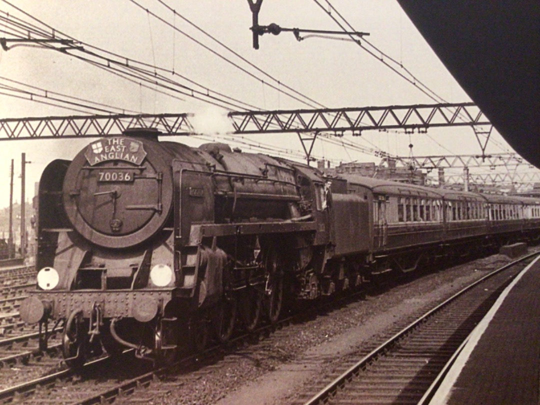 Alex Coomber on Train Siding: A BR Standard Class 7 Britannia 4-6-2 No. 70036 Boadicea of Stratford Shed passes through Stratford Station in East London with
The East...