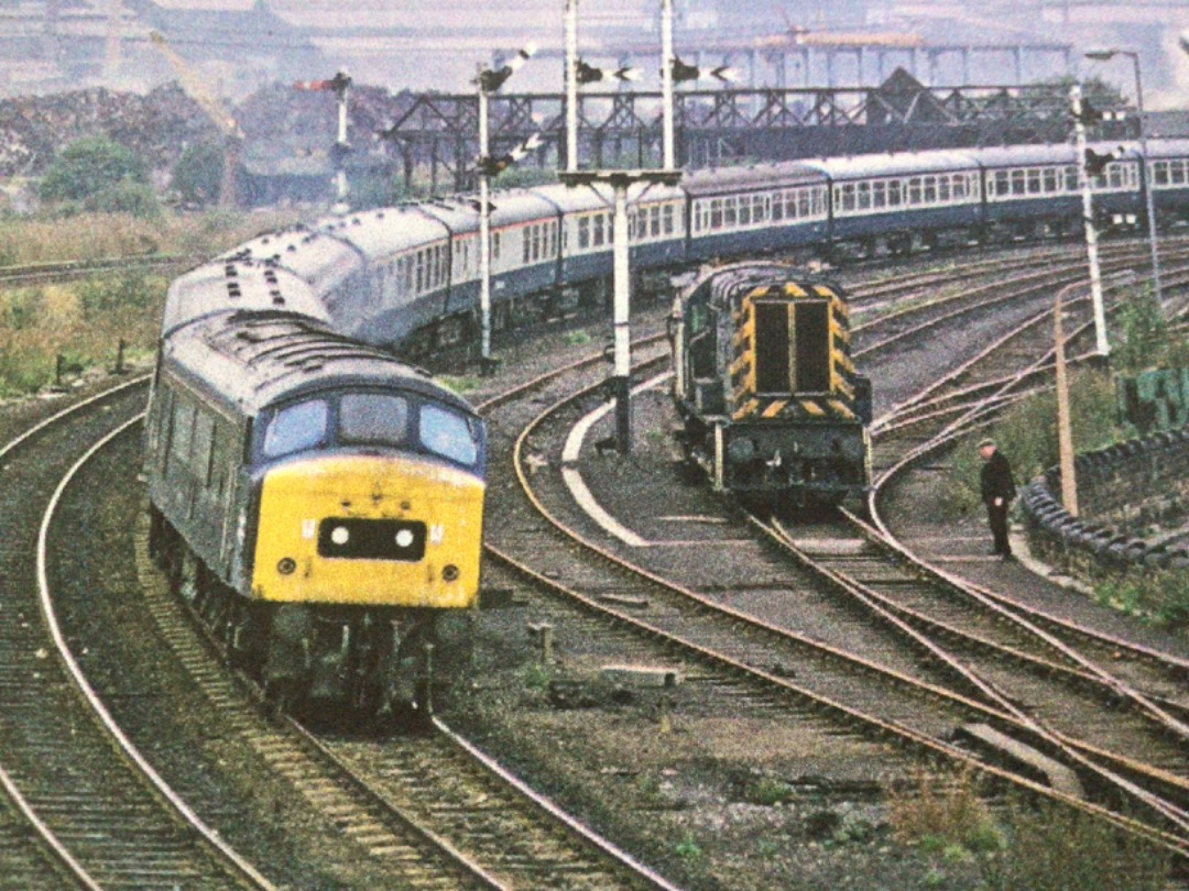 Alex Coomber on Train Siding: A Class 46. 46053 from Sheffield whilst on the right is a Diesel Shunter on 16th September 1977.