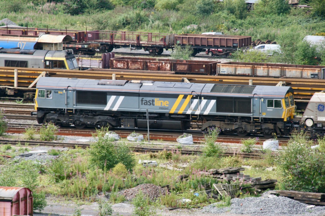 Martin Coles on Train Siding: On this day, 7th August, in 2009, Fasline Freight 66302 heads through the center roads at Toton.