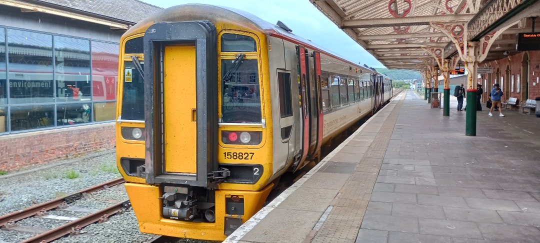 Hardley Distant on Train Siding: CURRENT: 158827 awaits departure from Aberystwyth Station today with the 1I24 15:30 Aberystwyth to Birmingham International
(Transport...