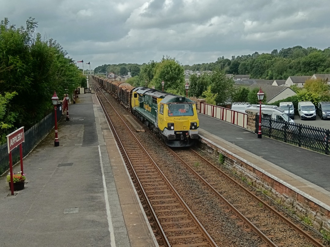 Whistlestopper on Train Siding: Freightliner class 70/0 No. #70009 on hire to Colas Railfreight passing Appleby this afternoon working 6J37 1252 Carlisle Yard
to Chirk...