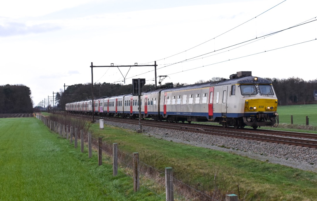 NL Rail on Train Siding: NMBS Varkensneus 830 en 817 komen langs de Maststraat in Nispen als S32 naar Puurs. Door geplande werkzaamheden kon de S32 niet stoppen
in...