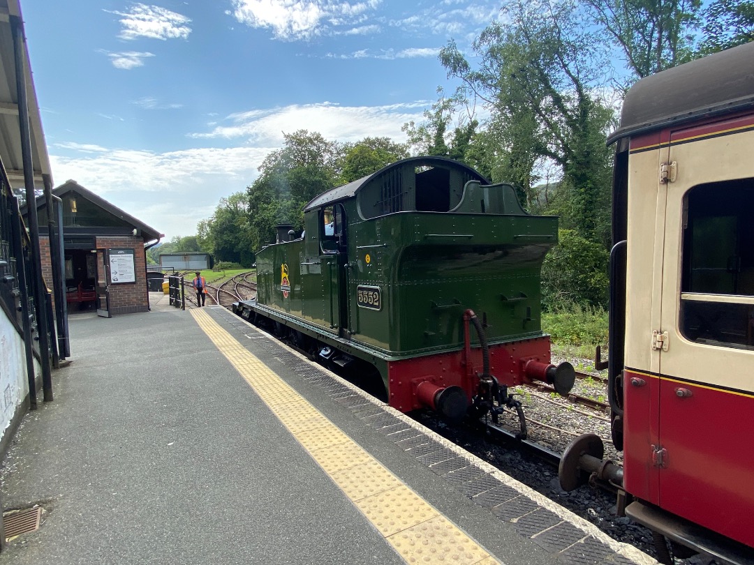 Yrag Sival on Train Siding: GWR 2-6-2 small prairie tank 5552 on passenger duty between Bodmin General and mainline Bodmin Parkway on 31st July 2024. This loco
was...