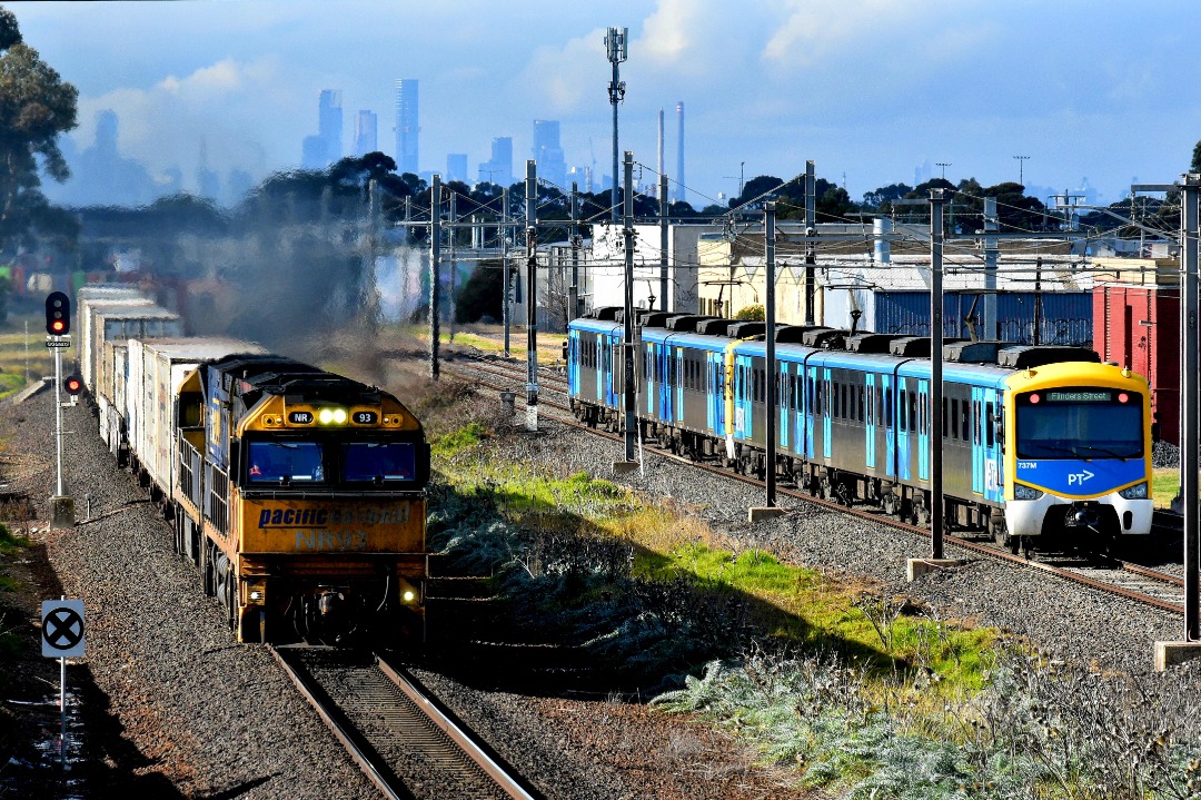 Shawn Stutsel on Train Siding: Pacific National's NR93 and NR76, with 6MP4, Intermodal Service, crosses a Melbourne Metro Trains Siemens set with a
Flinders Street...