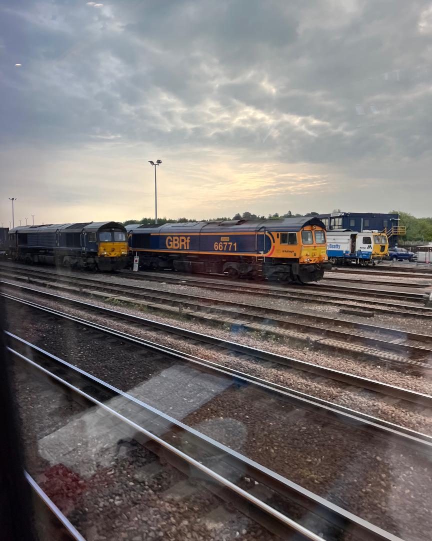 RodRail on Train Siding: #GBRf class #66 #66771 at #Eastleigh yard #3rdrail can be seen in the foreground which power the #750volt SWT Waterloo trains