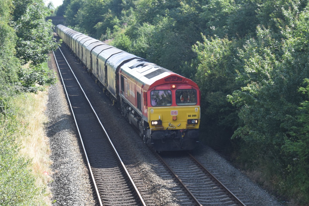 Hardley Distant on Train Siding: CURRENT: 66099 with Ukrainian flag and lettering, passes Rhosymedre near Ruabon today with the 6V75 Dee Marsh Reception Siding
to...