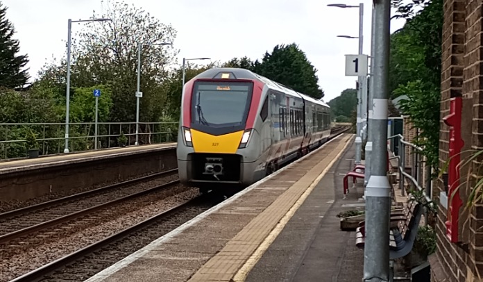 Hardley Distant on Train Siding: CURRENT: 755327 passes through Lakenheath Station today with the 1K68 10:48 Stansted Airport to Norwich (Greater Anglia)
service.