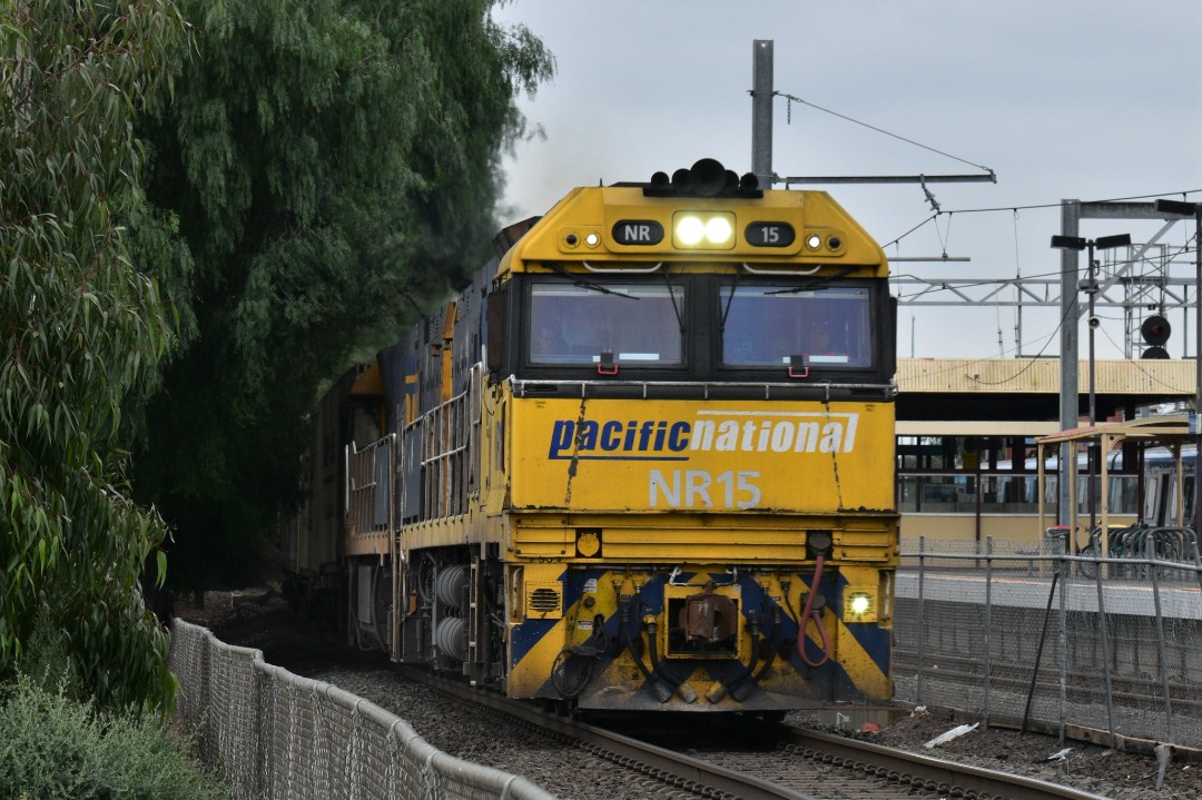 Shawn Stutsel on Train Siding: Pacific National's NR15 and NR17 races past some overgrown bushes at Werribee, Melbourne with 6MP4, Intermodal Service bound
for Perth,...