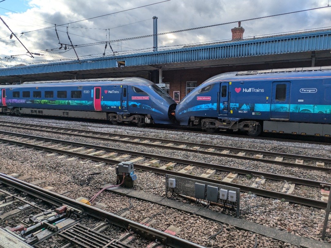 Rail Ale Adventures on Train Siding: 802301 Amy Johnson and 802303 Land of Green Ginger have an intimate moment at Doncaster as they wait to depart with the
1549...