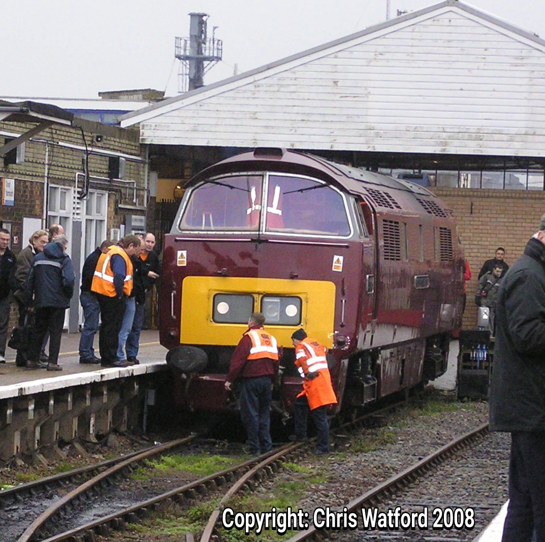 Chris van Veen on Train Siding: Locomotive D1015, "Western Champion" at Gt. Yarmouth Station, running round its "Great Eastern Western"
Railtour of 20th December, 2008.