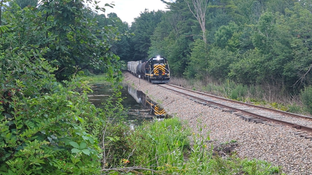 CaptnRetro on Train Siding: Passing the Pond - Arcade & Attica RS3M #114 passes Beaver meadow pond. I normally get a wider angle, but lest my sneakers get
waterlogged...