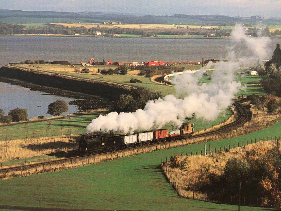 Alex Coomber on Train Siding: Leaving Bo'ness. The railway sweeps along the foreshore before climbing inland. A North British Railway J36 0-6-0 No. 65243
Maude in BR...