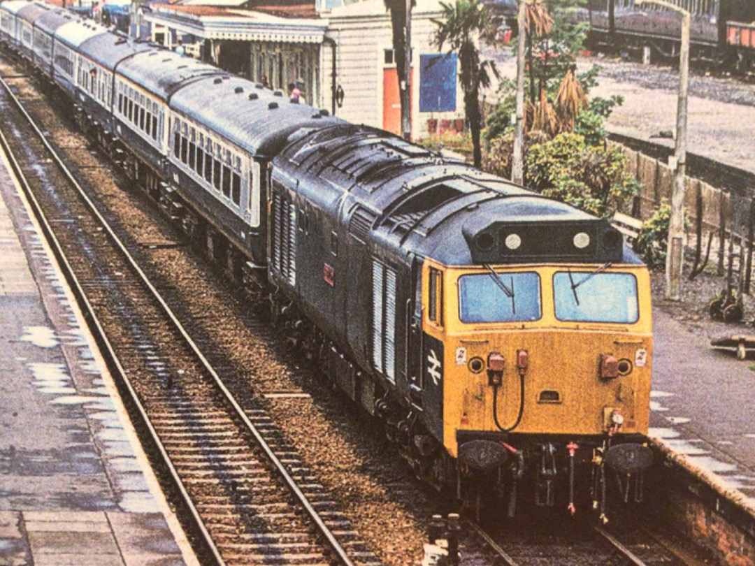 Alex Coomber on Train Siding: A Class 50. 50018 Resolution at St Austell with a service from Penzance to London Paddington on 30th July 1979.