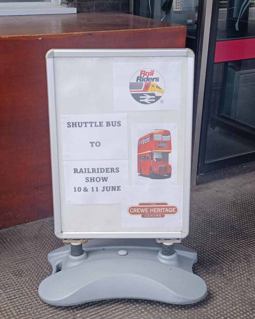 Trainnut on Train Siding: #Railriders #Creweheritagecentre The bus timetable and board all set up ready at Crewe Station on the main concourse.