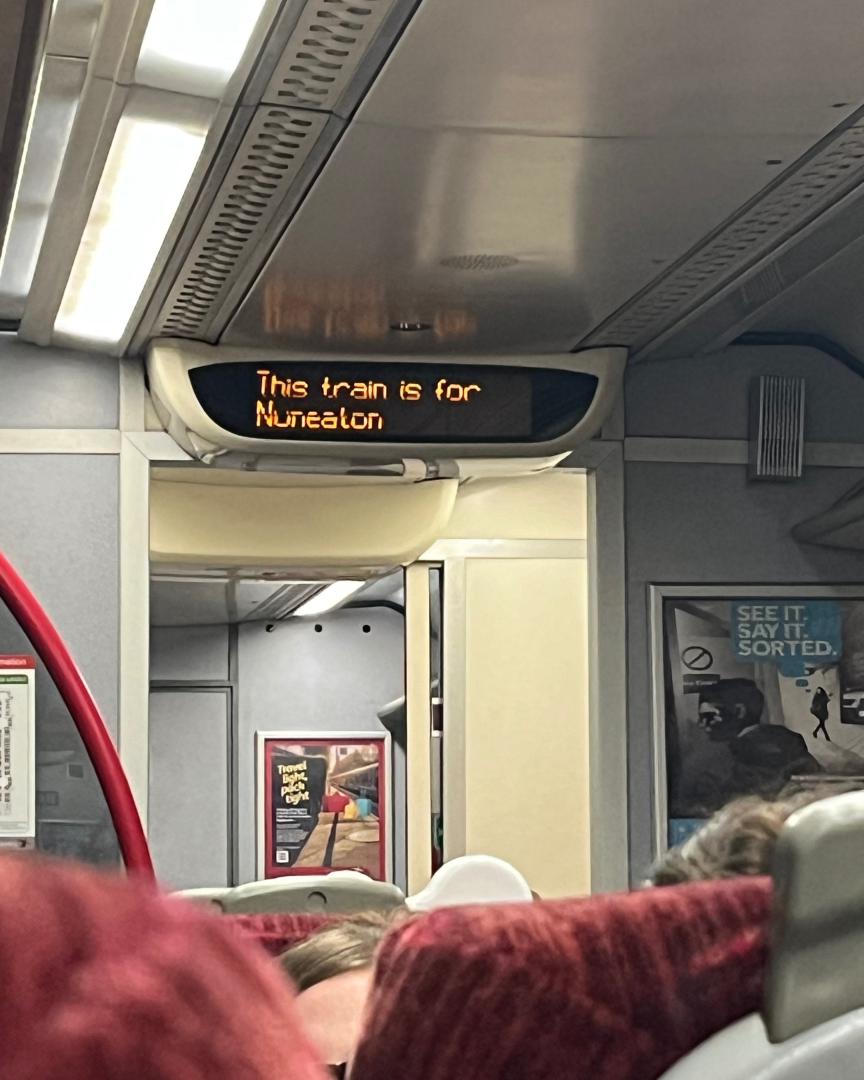 EBClass47 on Train Siding: Interior of 170638 with the information screens unusually displaying 'This train is for Nuneaton' due to engineering works
between Nuneaton...