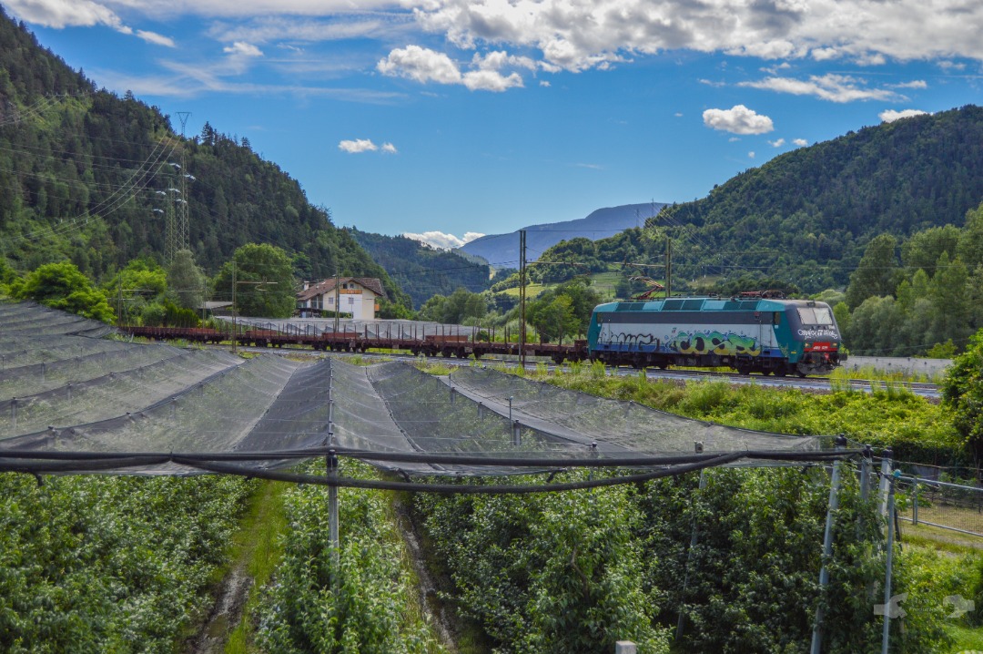 Adam L. on Train Siding: One of the Italians former PKP EU11 Class electrics, now the E.405 Class leads an empty flat car train towards Fortezza in northern
Italy...