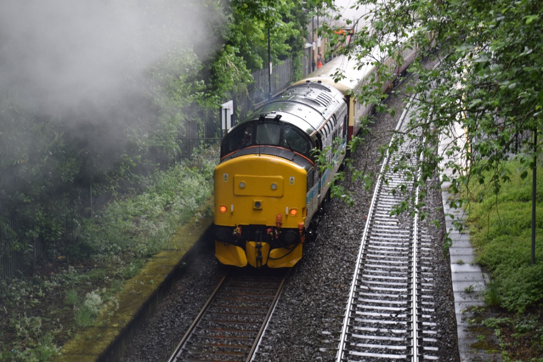 Hardley Distant on Train Siding: CURRENT: 70000 'Britannia' (Front - 1st Photo) and Scotrail liveried 37409 'Loch Awe' (Rear - 2nd Photo)
power through a miserably wet...