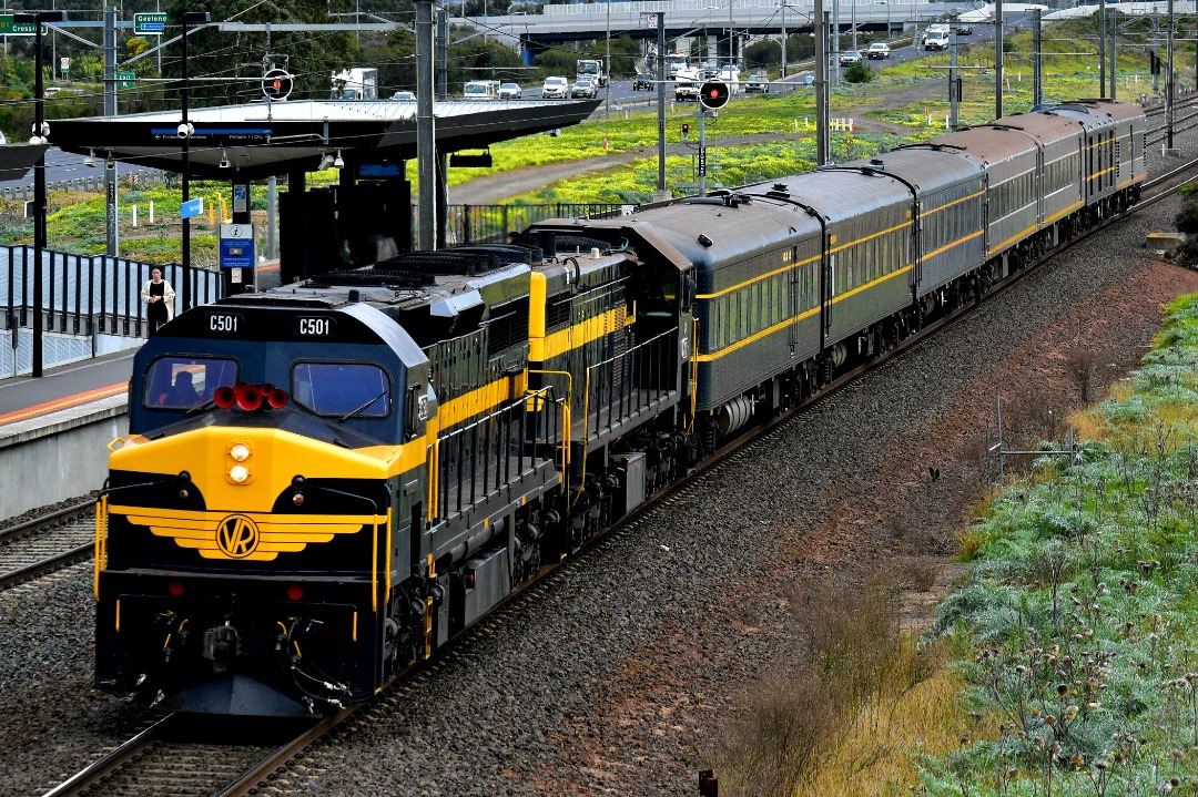 Shawn Stutsel on Train Siding: Seymour Railway Heritage Centre's C501 and X31 races through Williams Landing, Melbourne, with an Empty Car transfer running
as 7796v...