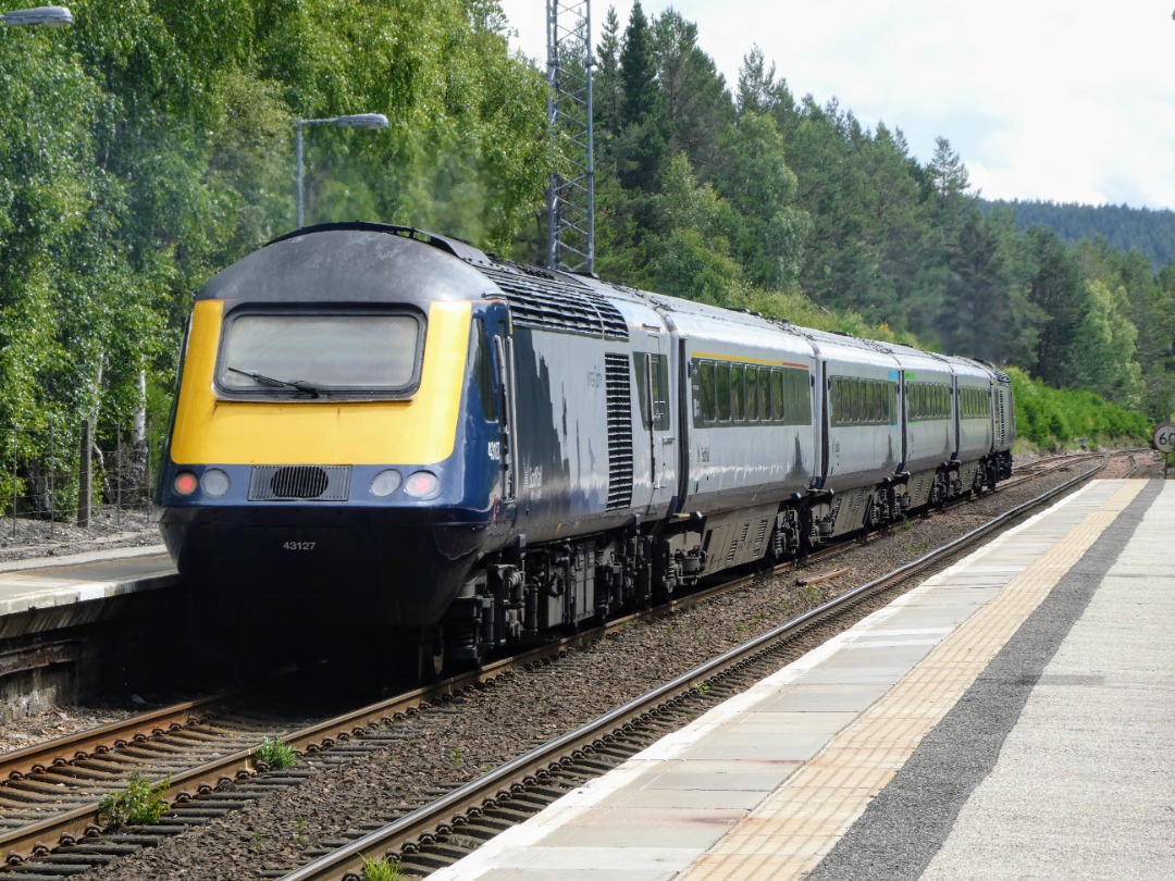 The Jamster on Train Siding: Scotrail 43127 on the rear of 1B30 1248 Inverness to Edinburgh as it leaves Carrbridge. 08/07/24