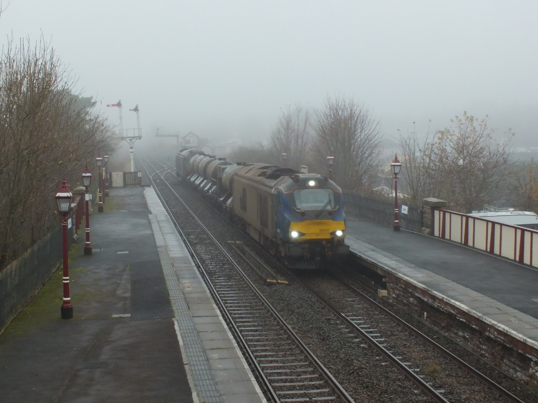 Whistlestopper on Train Siding: Proper Cumbrian weather as Direct Rail Services 68025 emerges from the mist hanging over Appleby station this afternoon whilst
working...