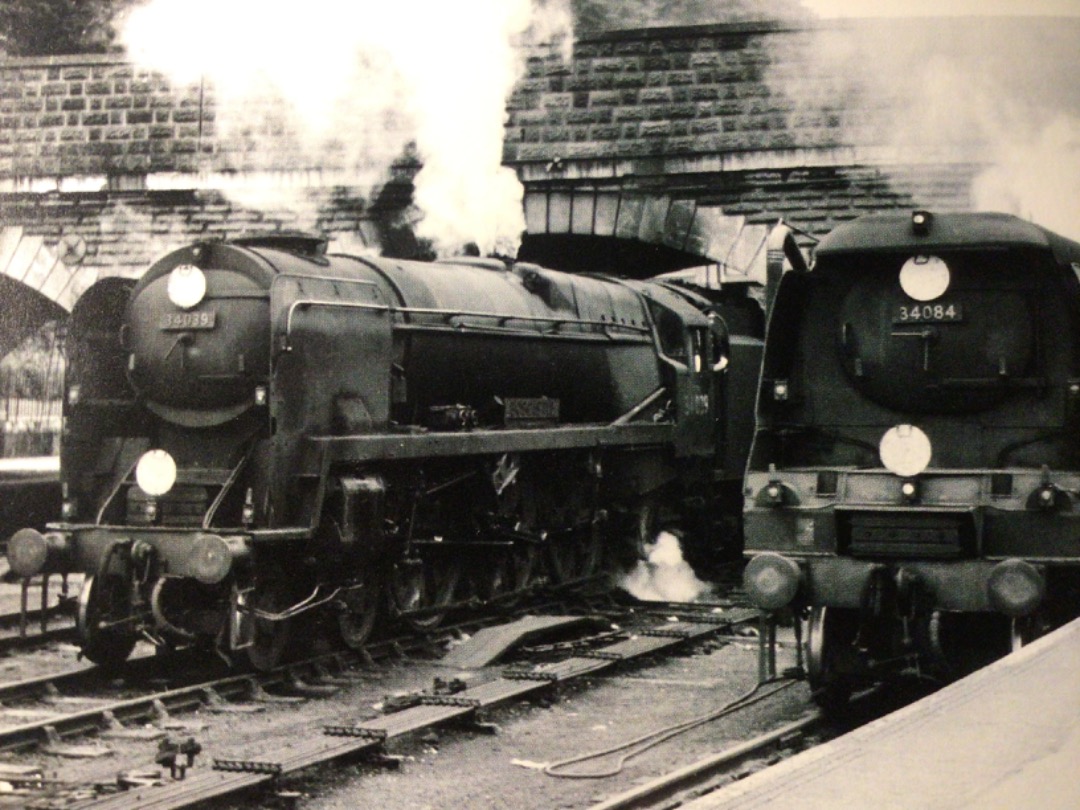 Alex Coomber on Train Siding: Contrasting light Pacific's at Exeter Central. Un rebuilt West Country Class 4-6-2 No. 34039 Boscastle waits on the centre
line with an...