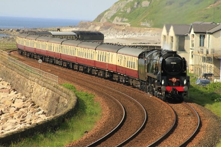 Isha Kenmare on Train Siding: West Country Class 34046 Braunton rounding the curves out of Parton on the Cumbrian Coast.