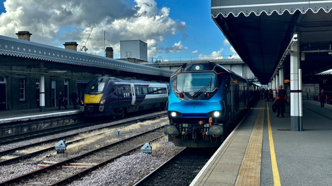 Jamie Lee Bench on Train Siding: Transpennine Express 68022 rests along side East Midlands Railway 222005 working 1B85 from Cleethorpes to Liverpool Lime Street
and...