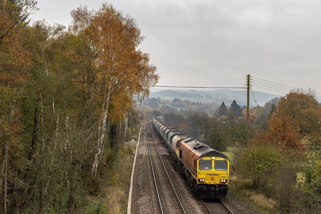 Inter City Railway Society on Train Siding: 66605 at Thornhill Lane, Bamford with 6M28 0745 Barrow Hill Up Sdgs No 2-3 to Tunstead Sdgs (Fhh).