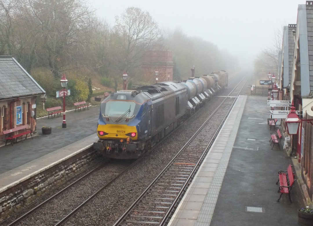 Whistlestopper on Train Siding: Proper Cumbrian weather as Direct Rail Services 68025 emerges from the mist hanging over Appleby station this afternoon whilst
working...