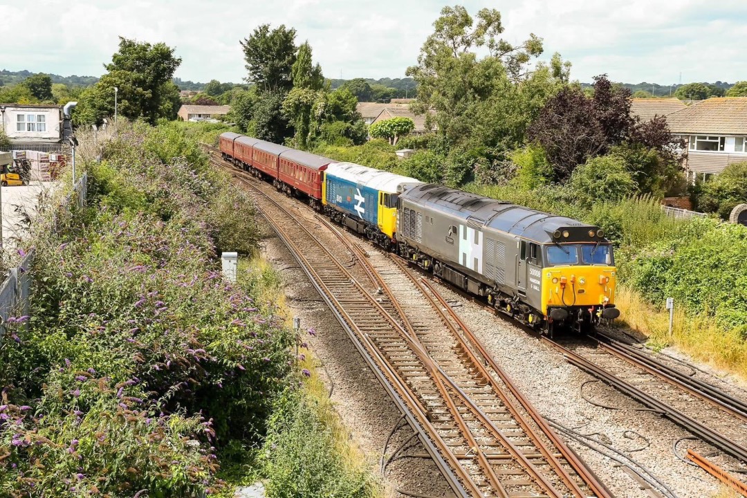 Inter City Railway Society on Train Siding: 50008 and 50021 with 4TC seen approaching Havant working 1Z50 1205 Eastleigh to Alton at 12:42