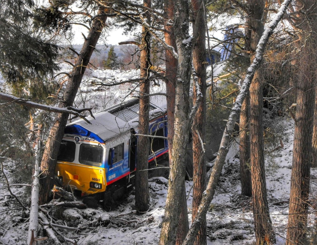 The Jamster on Train Siding: DB 66048 {James the Engine} resting amongst some trees down an embankment from the Highland mainline at Carrbridge following a
serious...