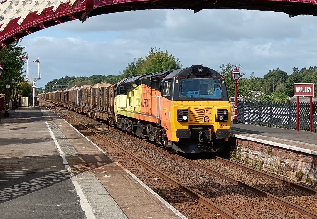 Whistlestopper on Train Siding: Colas Rail class 70/8 No. #70804 passing Appleby this afternoon working 6J37 1252 Carlisle Yard to Chirk Kronospan.