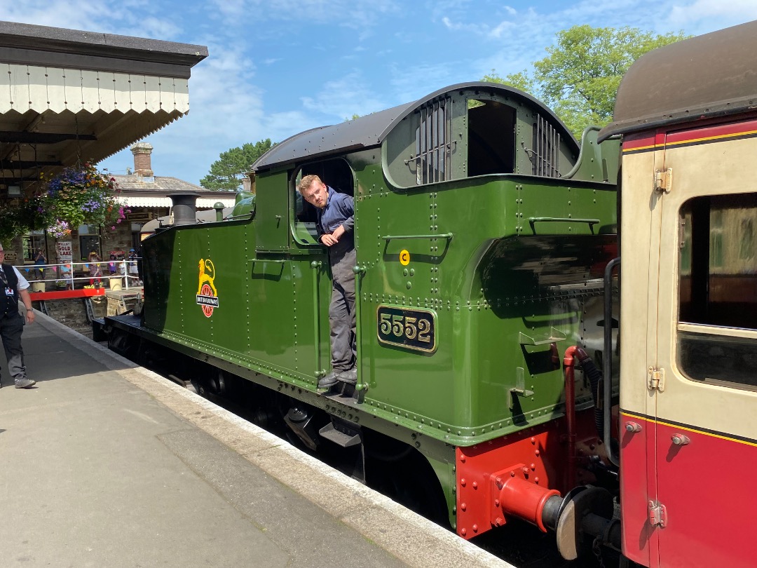 Yrag Sival on Train Siding: GWR 2-6-2 small prairie tank 5552 on passenger duty between Bodmin General and mainline Bodmin Parkway on 31st July 2024. This loco
was...