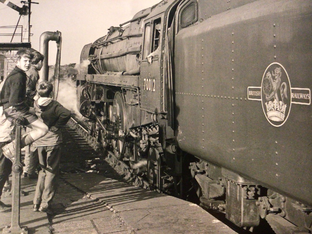 Alex Coomber on Train Siding: A group of young trainspotters gather at the north end of Lancaster Castle Station to witness the departure of the BR Standard
Class 7MT...