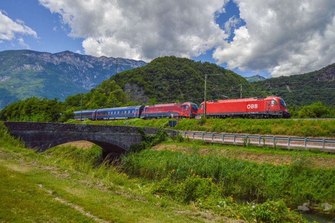 Adam L. on Train Siding: A Duet of Austrian Railways, Siemens "Taurus" locos are seen heading north towards Bolzano on the Brennerbahn mainline with
one of the new...