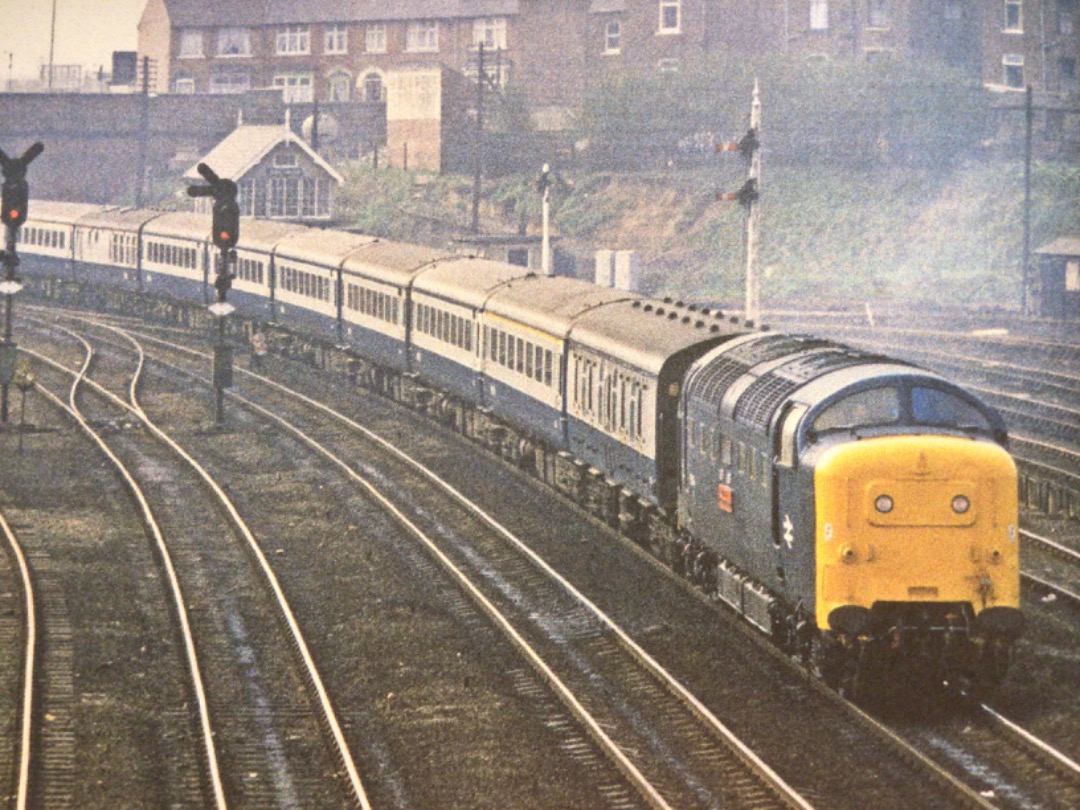 Alex Coomber on Train Siding: A Class 55 Deltic. No. 55014 The Duke of Wellingtons Regiment approaches Doncaster with the 08:00 AM from London Kings Cross to
Edinburgh...