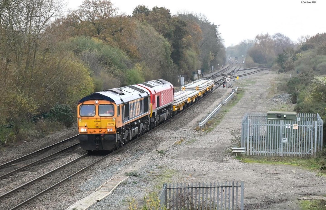 Inter City Railway Society on Train Siding: 66772+66177 working the 6O01 1005 Doncaster Up Decoy Yard to Eastleigh East Yard. At a gloomy Stenson Jct.