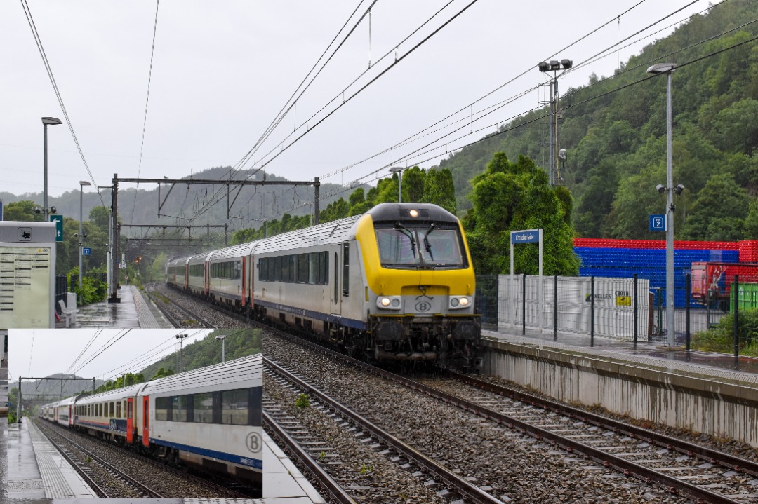 NL Rail on Train Siding: Een NMBS stam bestaande uit I11, I10 en M7 rijtuigen komt door station Chaudfontaine gereden als IC trein uit Oostende naar het
Duitstalige...