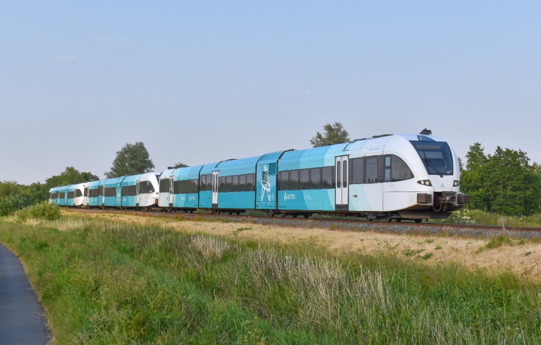 NL Rail on Train Siding: Arriva GTW 334, 309 en 316 rijden langs het Koekoekspaad in Feanwâldsterwâl als RS 1 naar Leeuwarden.